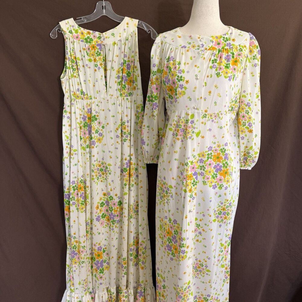 Vintage Lady Weldon Long Floral Ruffle Nylon Nightgown Robe Set M Peignoir Retro